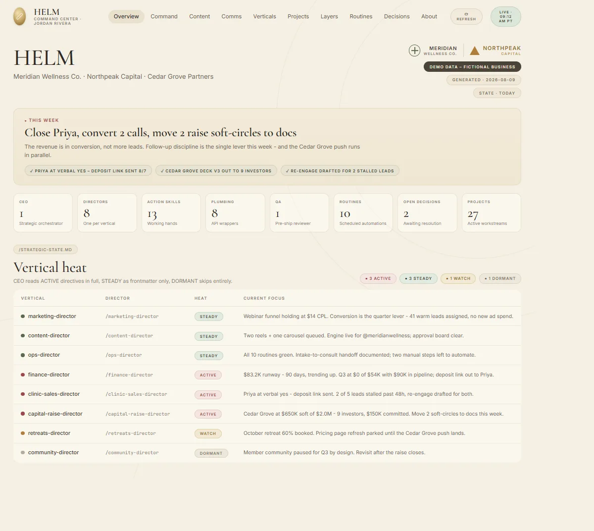Command dashboard - demo data, fictional business